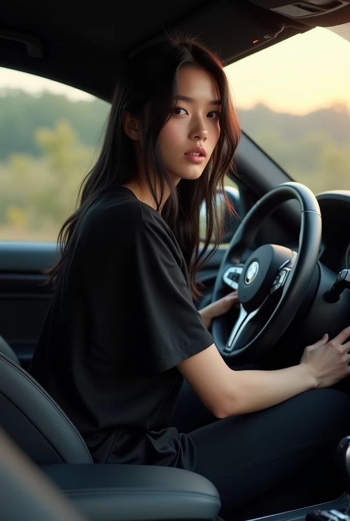 young girl, 24 years old, Black hair , athletic build , goosebumps , in a black oversized T-shirt not tucked into pants and wide knitted sweatpants, black trousers with all details ( ultra realistic ), in the morning realistic leather , beautiful eyes, ultra realistic hair , за рулем BMW M3 320d luxury line бежевого цвета, interior view , left side steering wheel , on the iphone 16 armrest