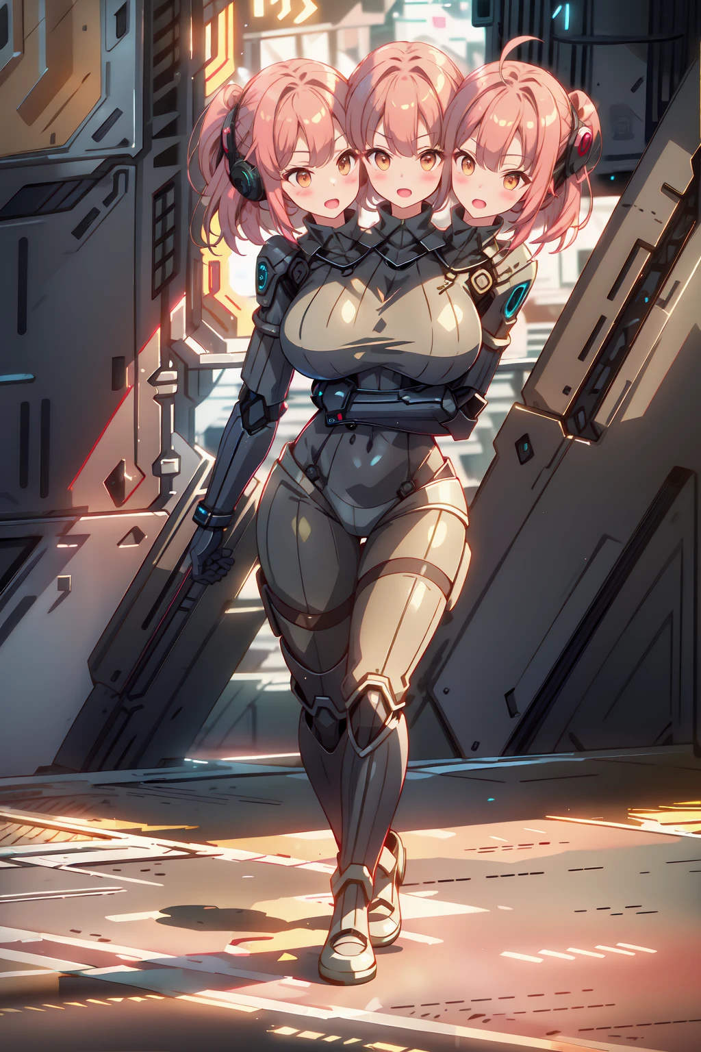 (masterpiece, best quality), best resolution, 16k, close-up shot, BREAK 1girl, solo, (conjoined_dicephalus, two heads, 2heads: 1.5), long hair, scifi, star on the head, ahoge, bodysuit ,headset, electric suit, futuristic suit, futuristic device, suit with star patterns, white clothes, light color clothes, colorful, BREAK pink stripes, yellow stripes, lightblue stripes, BREAK running, serious, open mouth, raise one arm, BREAK detailed shadow, glowing sripes, high lighting, cyber futuristic city