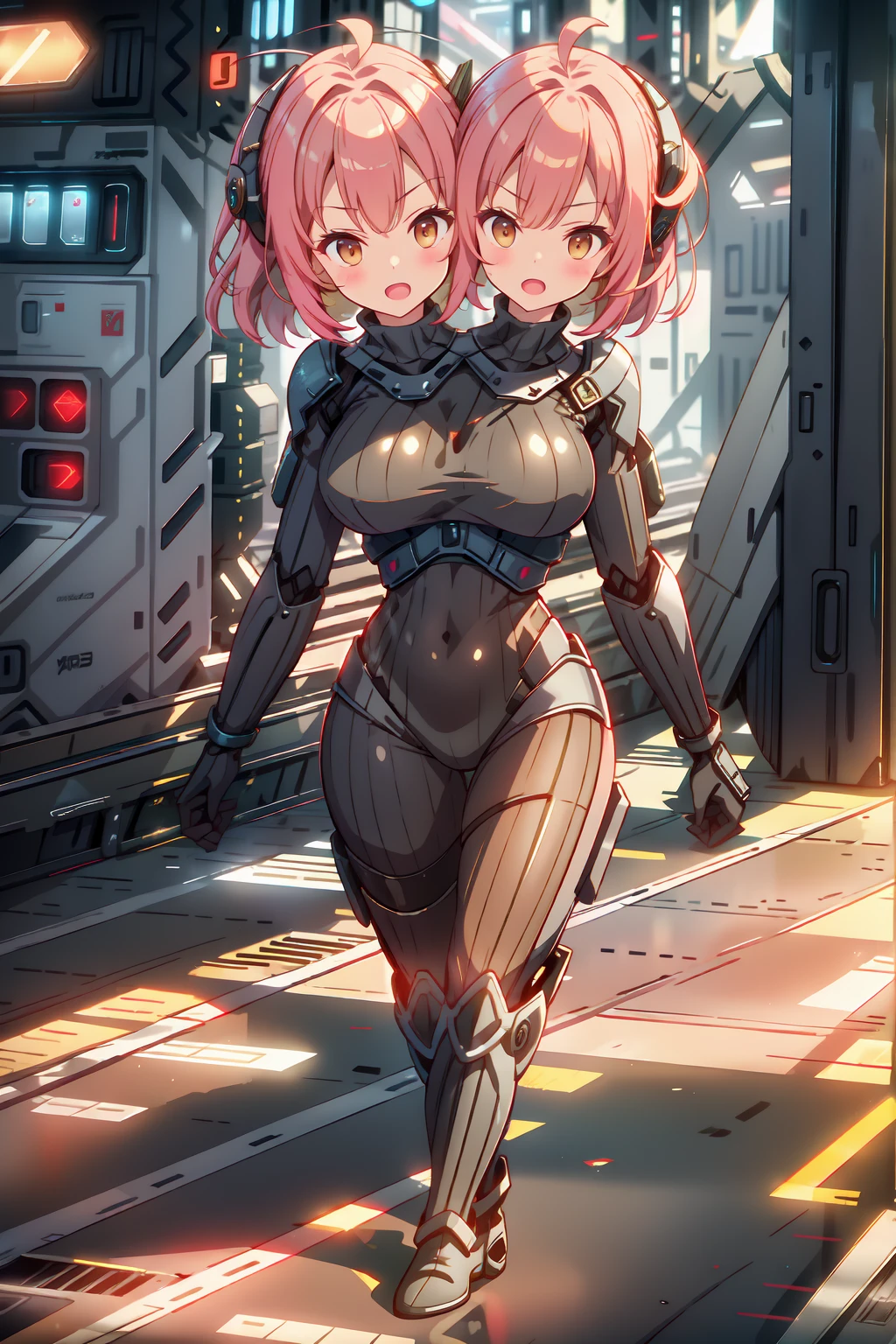 (masterpiece, best quality), best resolution, 16k, close-up shot, BREAK 1girl, solo, (conjoined_dicephalus, two heads, 2heads: 1.5), long hair, scifi, star on the head, ahoge, bodysuit ,headset, electric suit, futuristic suit, futuristic device, suit with star patterns, white clothes, light color clothes, colorful, BREAK pink stripes, yellow stripes, lightblue stripes, BREAK running, serious, open mouth, raise one arm, BREAK detailed shadow, glowing sripes, high lighting, cyber futuristic city