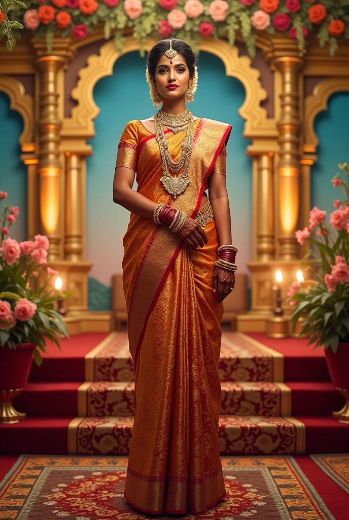 Girl looking like Kerala model standing wearing white traditional saree with Golden blouse and golden kerala style jewellery and kerala style earring having a white garlet on her head with white small jasmine flowers and holding a small hanging basket made with gold filled with red flowers like visiting to kerala temple and walking on a ramp