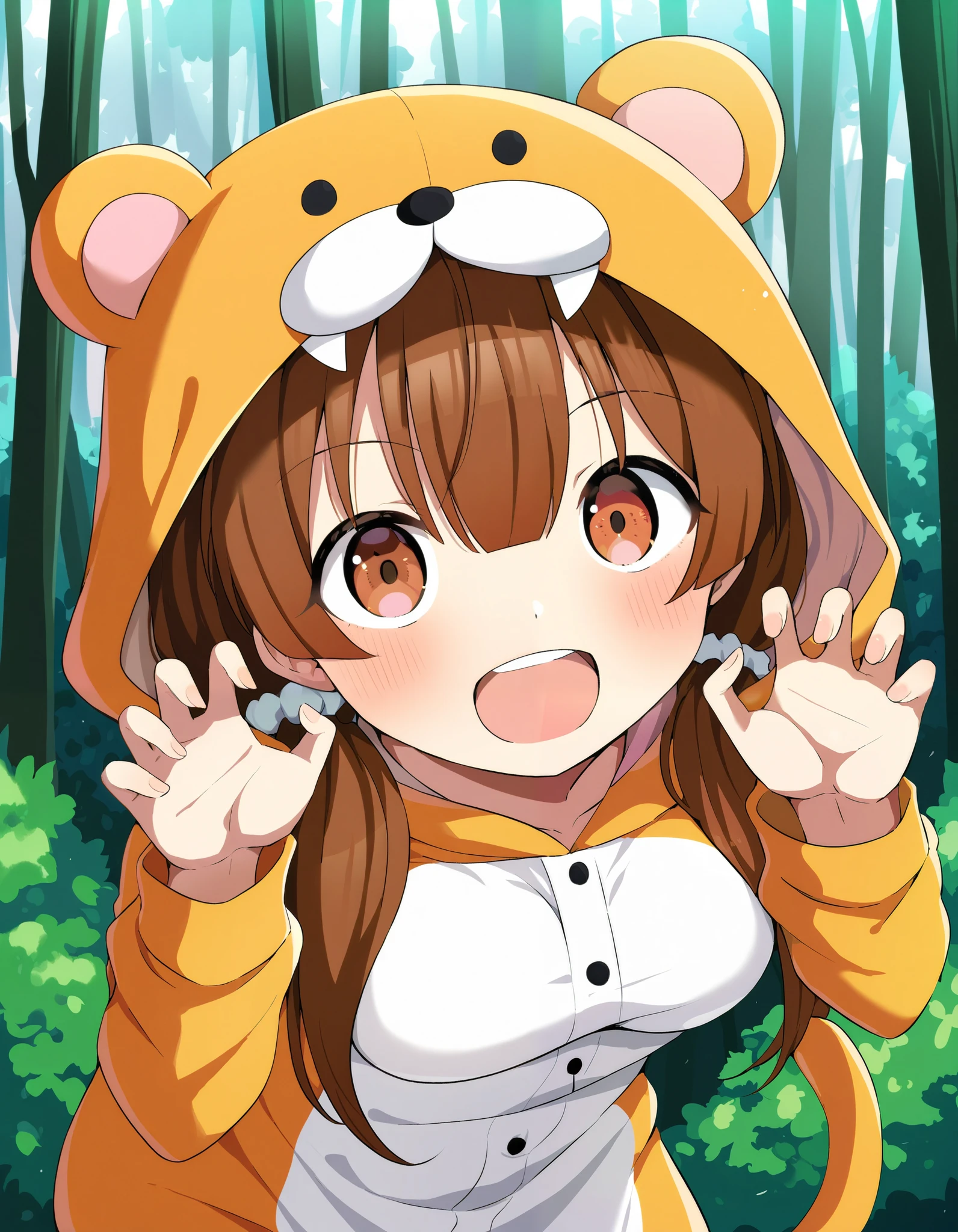 score_9, score_8_up, score_7_up, rating_ safe, solo, 1girl, Dagashi_(Daga2626), brown_hair, brown_eyes, low_twintails, breasts, animal_hood, (animal_ears), (hood_up), kigurumi, claw_pose, looking_at_viewer, happy, outdoors, forest