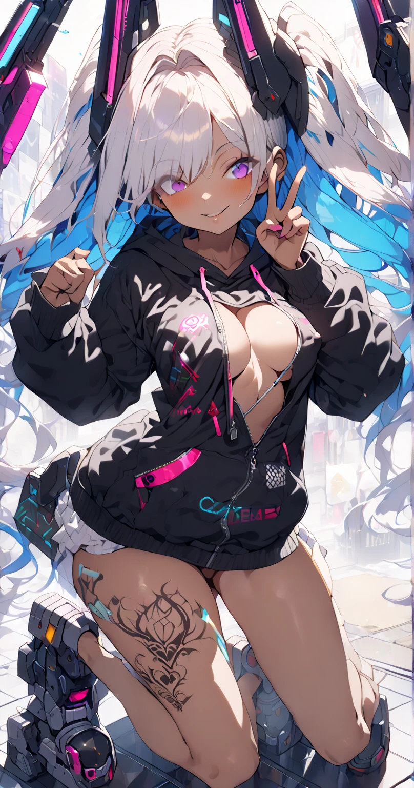 ((kinako (shiratama mochi) style)), colorful eyes, soft style, masterpiece, solo, 1 girl, topless, large nipples, nipples, black shorts, beautiful art, vibrant, colorful, medium breasts, multicolored hair, cat ear headphones, full bangs, teen, body, narrow waist, slender legs, hairband, choker, smiling, peace sign, spats, navel, thigh strap, abstract, paint splash, light hair, tongue out, long tongue, side tail hair ornaments, paint on body, waist pouch, yellow eyes, star sticker on face