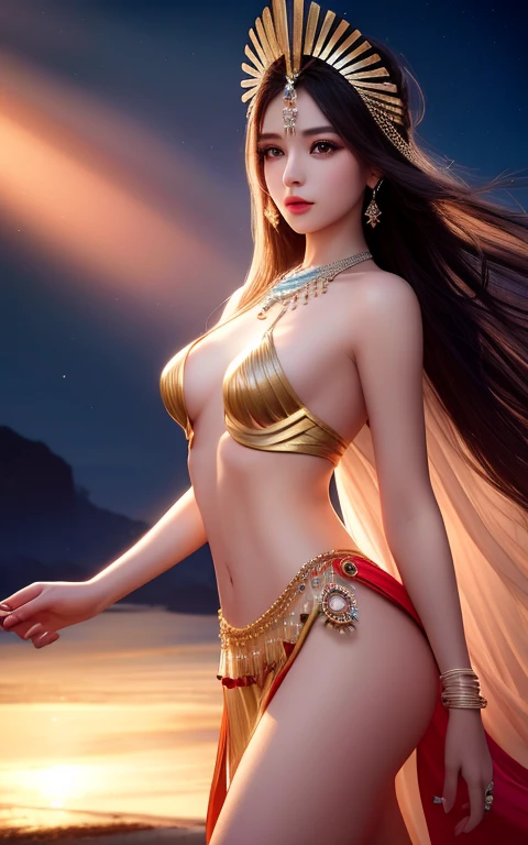 high quality,HD,16K,Sharp Line,1 Girl,fantasy, (Fire Spirits),Pretty Face, Large Breasts, Beautiful legs,In the mountains,Focus Girl,detailed Pretty Face,Detailed clothes,beautiful eyes,Cool,Sexy,Dynamic Angle,穿着华服的神明Strike a pose拍照, Ancient mysterious sexy goddess, Traditional beauty woman, Beautiful female warrior god of war , Beautiful sexy goddess, Gorgeous role-playing, high, Beautiful young girl, Beautiful woman, 华丽Beautiful woman, Complex clothing,Chinese Mystical Aesthetics, Beautiful Asian ancient mysterious girl, Extremely detailed shot of the goddess, Jaw-dropping sexy beauty, Big breasts deep neckline sexy belly button(butt), (bedroom), (Sexy Girls), masterpiece, best quality, Bangs, blush, Chest, clavicle, Eyebrows visible through hair, (Gradient red and gold hair), Jewelry, Long hair,Bright Eyes, ring, (solitary), illustration, fashionable, miss, Strike a pose, background, element, confident, Express, Accessories, majestic, striking, key point, Dynamic poses, ((plump)), (black))Woman in transparent dress,Viewer,(((Full breasts, Keeley University))),Slim waist,(Navel exposed,Bare waist), Long hair, extreme detailed details, 详细的fantasy艺术, Stunning character art, Beautiful and exquisite character art, Beautiful transparent dress, Very detailed, Large Breasts,Chest,Golden ratio figure,Beautiful figure,Ultra wide-angle shooting,Full body shot拍摄,Body close-up,Full body shot,Wearing a pleated tulle skirt,柔和动漫illustration, 柔和的深色background,Fujifilm XT3 Clear focus, f 5.6, High Detail, Clear focus,(Wearing openwork clothing),, (Natural light), (Tempting)translucent, Good velvet quality, Compared, Divine Light,, Silver hair, 天空background, Absolute Strength,Female Shinmei,穿着性感丝绸的Female Shinmei,,Large Breasts,Chest,Golden ratio figure,Beautiful figure,Ultra wide-angle shooting,Full body shot,Body close-up,Full body shot, Wearing a tulle dress, Model shooting style, Large Breasts,饱满Chest,Golden ratio figure,Beautiful figure,(Extremely detailed CG 8k wallpaper unit), The most beautiful artistic photos in the world, , 8K 超HD, ) on the beach,Sexy lazy posture,Sexy seductive expression,best quality,masterpiece,Ultra-high resolution,(Practical:1.4),original photo,Ultra-high resolution