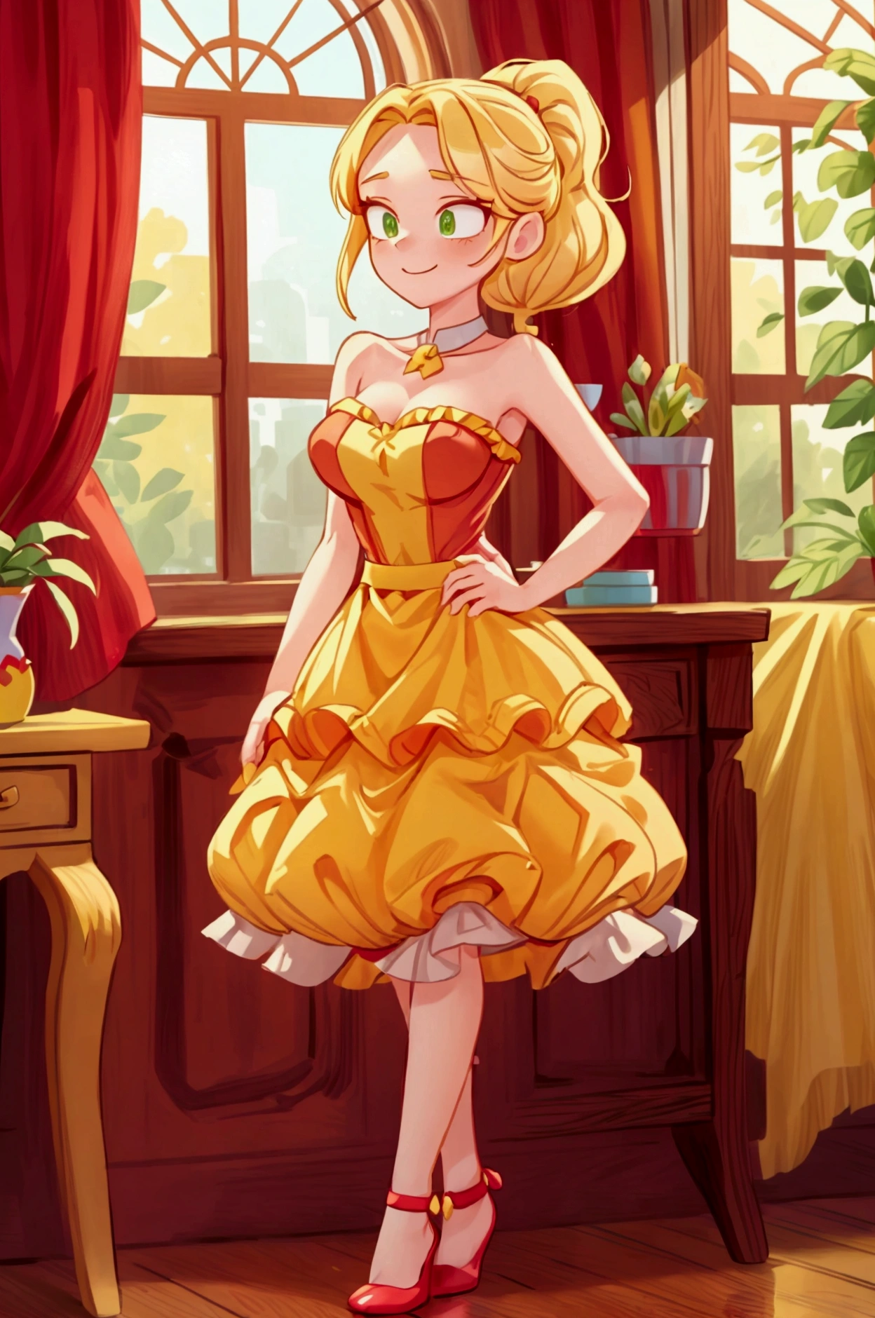 (Masterpiece, best quality) 1 girl, standing indoors with intricate details and sunlight, red and yellow frilled dress with short neckline, red heels, blonde long hair, green eyes, sexy smile, sexy pose, coquette, beautiful long legs, mature **** girl, gorgeous body, pronounced breasts.