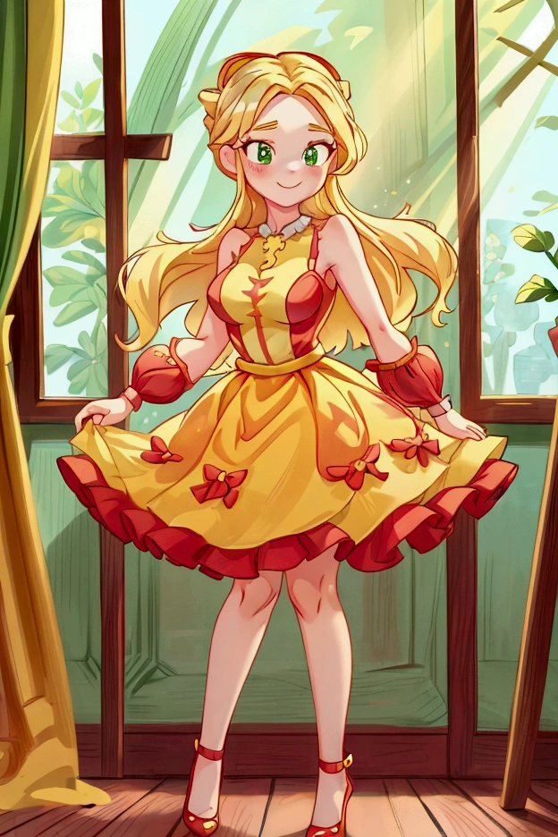 (Masterpiece, best quality) 1 girl, standing indoors with intricate details and sunlight, red and yellow frilled dress with short neckline, red heels, blonde long hair, green eyes, sexy smile, sexy pose, coquette, beautiful long legs, mature  girl, gorgeous body, pronounced breasts.