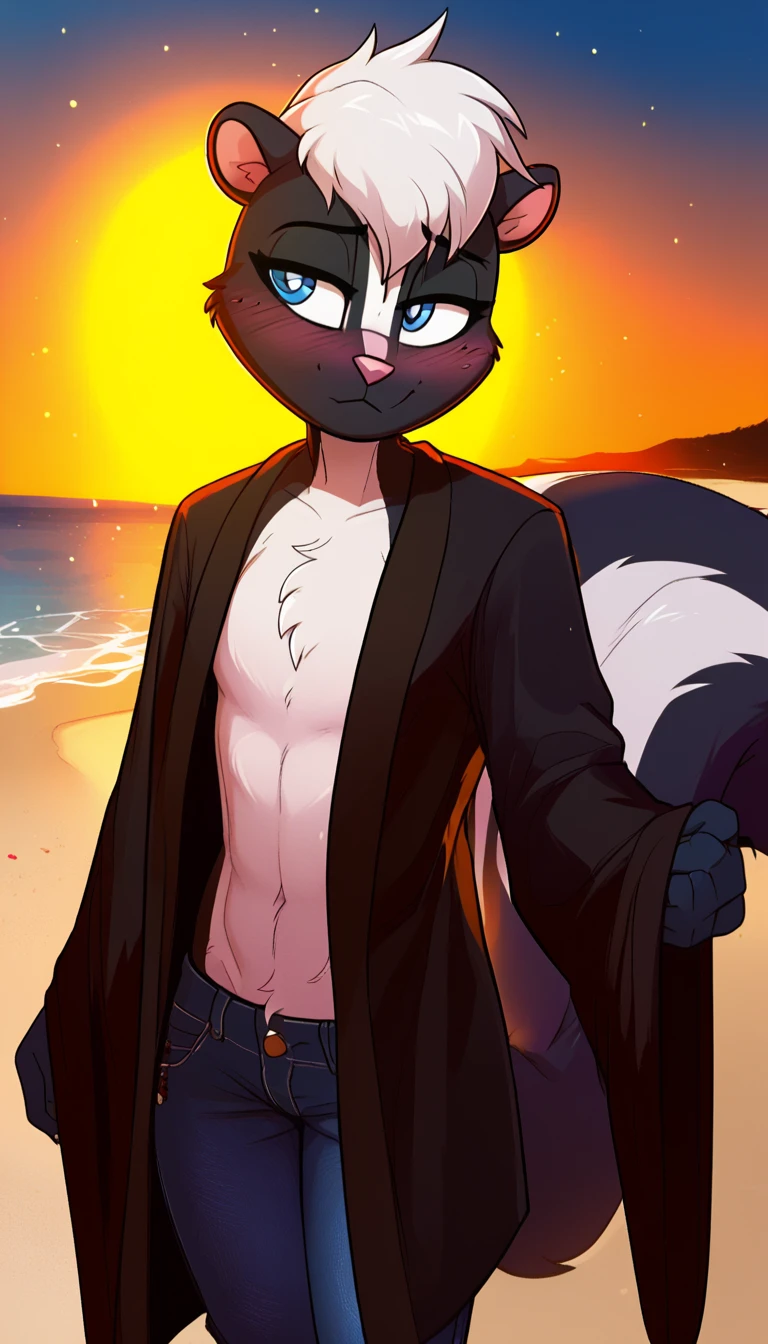 masterpiece, best quality, nervous expression, male, anthro, furry, black fur, fluffy fur, French skunk boy, furry, skunk ears, animal nose, cute eyes, blue eyes, skunk tail, white hair, long stable emo hair, (white emo hair), solo, (beach), sunset, detailed, buff muscular chest, French black bath robe with black tuxedo jeans, shy, head tilt, adult (19 years), flat chest, buff thighs, half-closed eyes, blush, looking at the viewer, standing, (kilinah), light particles, score_9, score_8_up, score_7_up, score_6_up, score_5_up, score_4_up