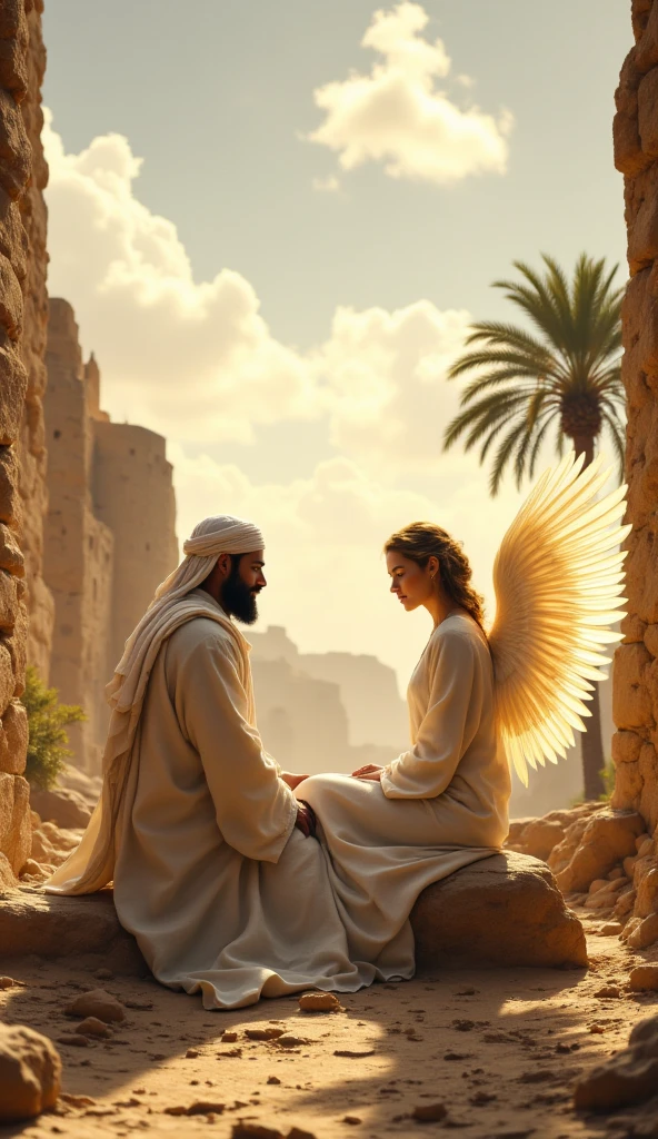 The Prophet Muhammad and the Angel Gabriel sit next to each other on a rock in a simple courtyard. Rasulullah, wearing a white qamis and turban, turned to gabriel, looking at him with a calm but deep expression. Her olive skin glowed softly in the sunlight, and her dark eyes conveyed wisdom and calm. Gabriel, a man sitting beside her, his wings folded gently behind him, glowed with a radiance in shades of gold and white. His face was partially covered by a cloth hood at the back, which blended seamlessly with his flowing robes, creating a sense of mystery and divinity. Gabriel's golden hair was barely visible, adding to her ethereal feel. The dry, arid landscape of the Arabian Peninsula in the 6th century surrounds it, with sparse palm trees and rocky hills in the distance. Simple mud brick houses with thatched roofs form the backdrop, emphasizing the divine atmosphere of the scene.