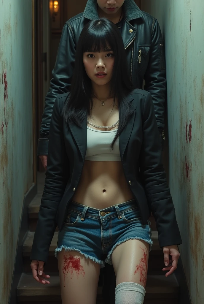 Inspired by Adam Dario Keel who is currently trending in the CG community, a handsome Indonesian young man with black hair stands next to a beautiful young Korean woman with long straight blonde bangs covering her forehead, a man dressed in a shirt and a woman wearing a leather jacket. singer, movie screencap, model Eliza Hess from acquamodels. Black background