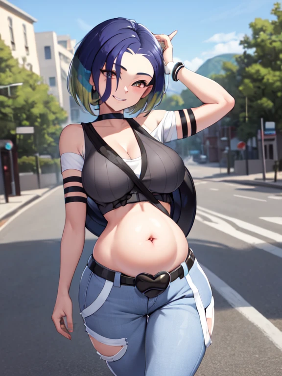 (masterpiece, best quality:1.2), highres, solo, 1 pregnant girl, perrin, smile, looking at viewer, walking, crop top, pants, choker, belt, midriff, city street, cowboy shot, large breasts, cleavage, large ass, third trimester of pregnancy, skindentation