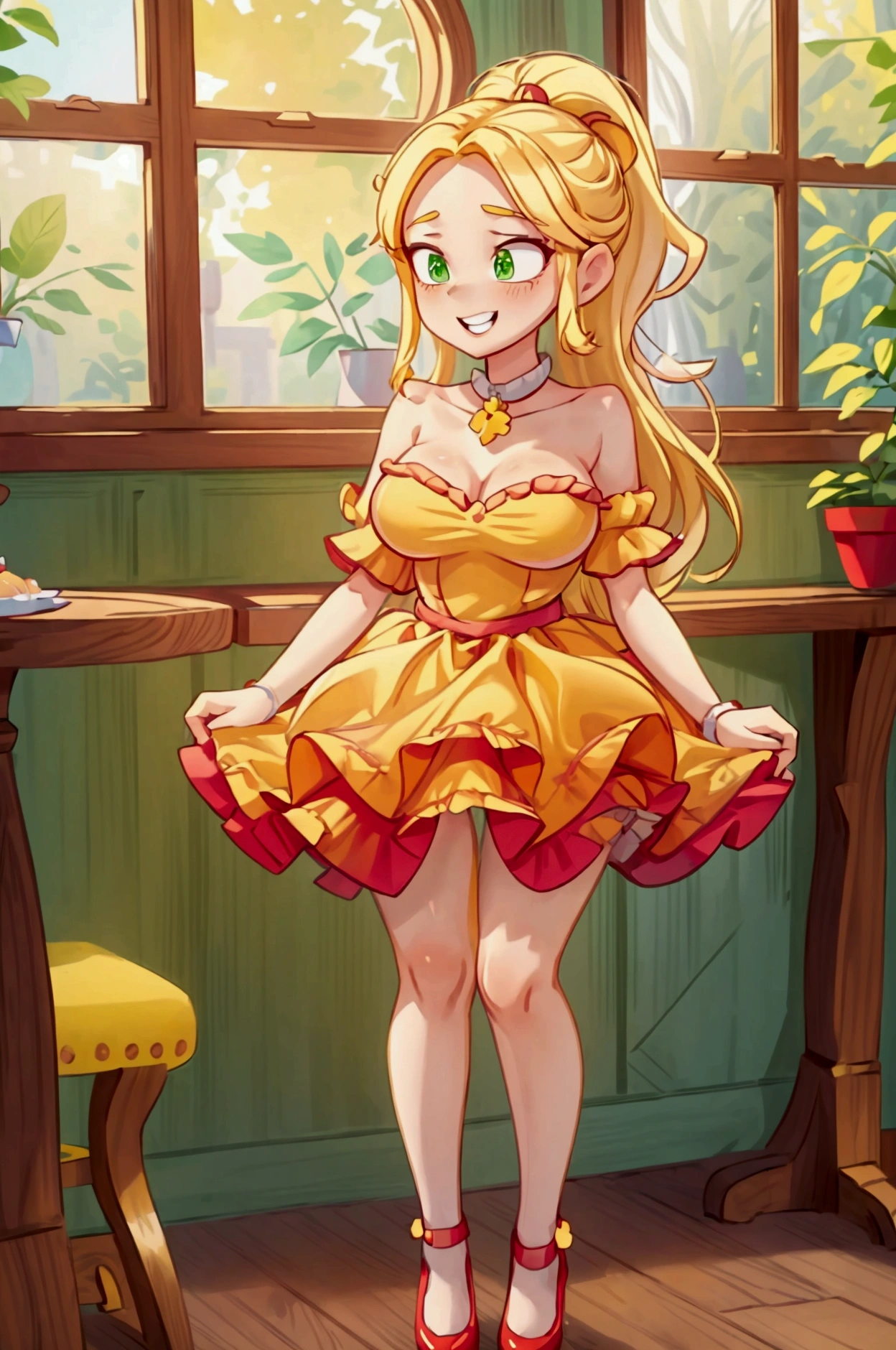 (Masterpiece, best quality) 1 girl, standing indoors with intricate details and sunlight, red and yellow frilled dress with short neckline, red shoes, blonde long hair, green eyes, sexy smile, teeth showing, sexy pose, coquette, confidense acttitude, beautiful long legs, mature teen girl, gorgeous body, pronounced breasts.