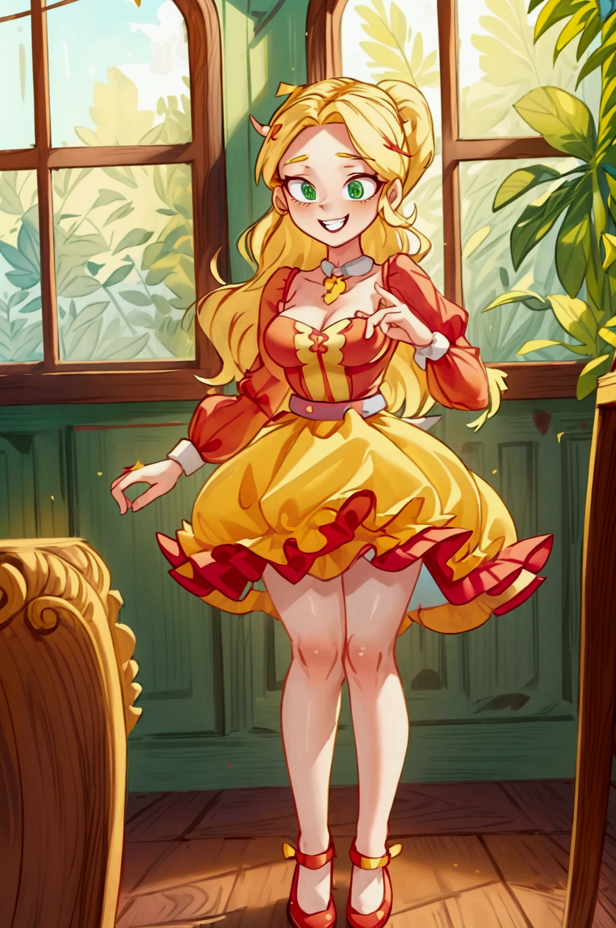 (Masterpiece, best quality) 1 girl, standing indoors with intricate details and sunlight, red and yellow frilled dress with short neckline, red shoes, blonde long hair, green eyes, sexy smile, teeth showing, sexy pose, coquette, confidense acttitude, beautiful long legs, mature teen girl, gorgeous body, pronounced breasts.