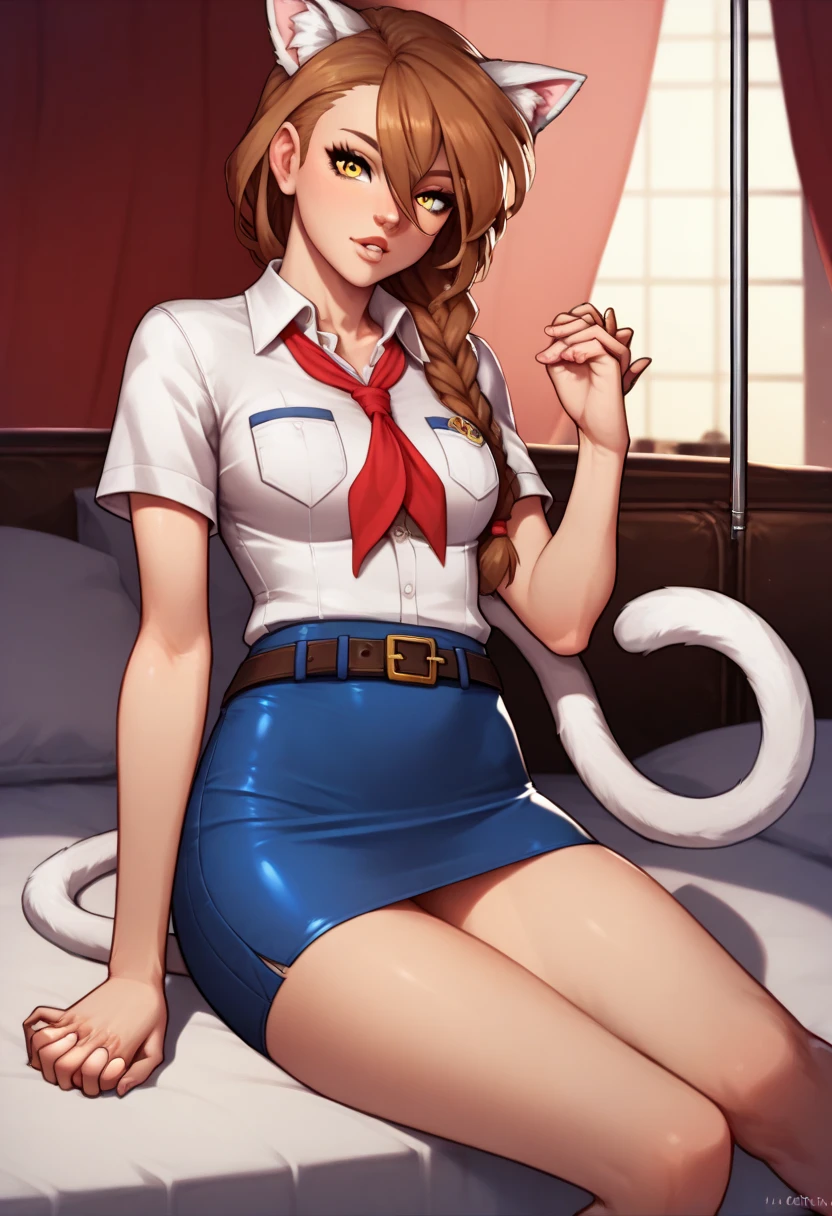 UVAO, score 9, UVAO, cat ears, cat tail, hair between eyes, bow, single braid, long hair, yellow eyes, brown hair,  bed, bedroom , Neat legs, pioneer neckerchief, bang, shirt, clavicle, very tight white shirt, Short sleeves, collared shirt, eyelashes, red neckerchief, chest pocket, slender girl, Long legs, tight micro skirt, blue skirt, belt,, hand holding metal pole, metal pole continuing up and down, continuing background,  strippers strip club 