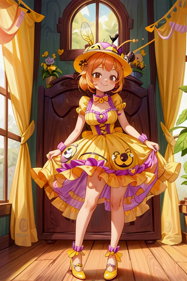 (masterpiece, best quality) standing, indoor, intricate detail, sunlight, yellow and purple frilly dress, purple and yellow shoes, orange hair, cute bee hat, brown dark eyes, smiley face, sexy pose, coquette, gorgeous legs, mature teenager body, lovely, gorgeous body, pronounced breasts