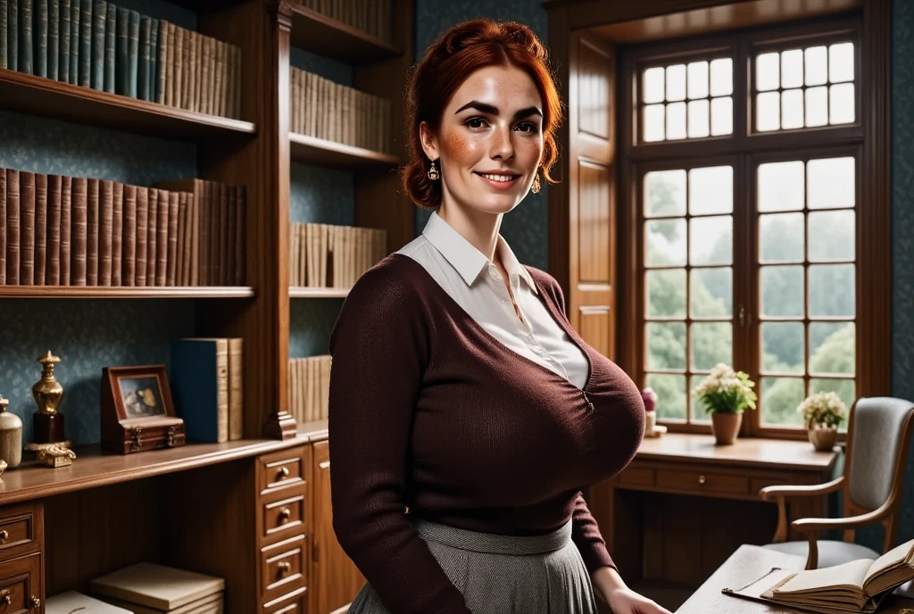 Photorealistic picture featuring a beautiful british woman standing next to an old bookcase inside a rustic Victorian study, smoky blue wallpapers, old paned window behind the desk. She has a happy smile. she's with brown eyes, downturned eye shape. She has high cheekbones and dark eyebrows. She has reddish-brown hair, hair gathered up into a loose ponytail. light skin and freckles. Her attire includes a white blouse, dark brown v-neck knit sweater, light grey herringbone tweed skirt , modest jewellery.