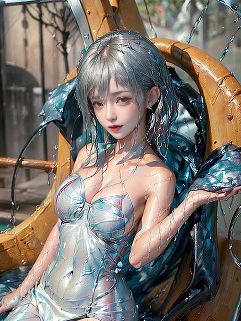 5，((((SFW:1.2)、1 girl, bishoujo，(Wet clothes with silver mirrors :1.5)， strapless，(Exposed breasts:1.0)、(Squeeze chest:1.5)，Thin waist，(Wet clothes:1.0)，(See-through clothing:1.2), (( fine hair)), (Strapless:1.5), (beautiful girl:1.2)， (Reality: 1.2), (My girl、My cosmetics)、(Large Breasts)、((Dark Makeup、Oily skin,skin with a light sheen、Realistic skin texture、Delicate and beautiful skin、Radiant glowing skin)),)))，curvy ,  perfect hands, masterpiece, best quality, high resolution, 8k, HDR, raytracing, detailed shadows, hyperdetailed，((8k超高清:1.2))，(Perfect body structure:1.5)，Bright colors，maebari/pasties，5