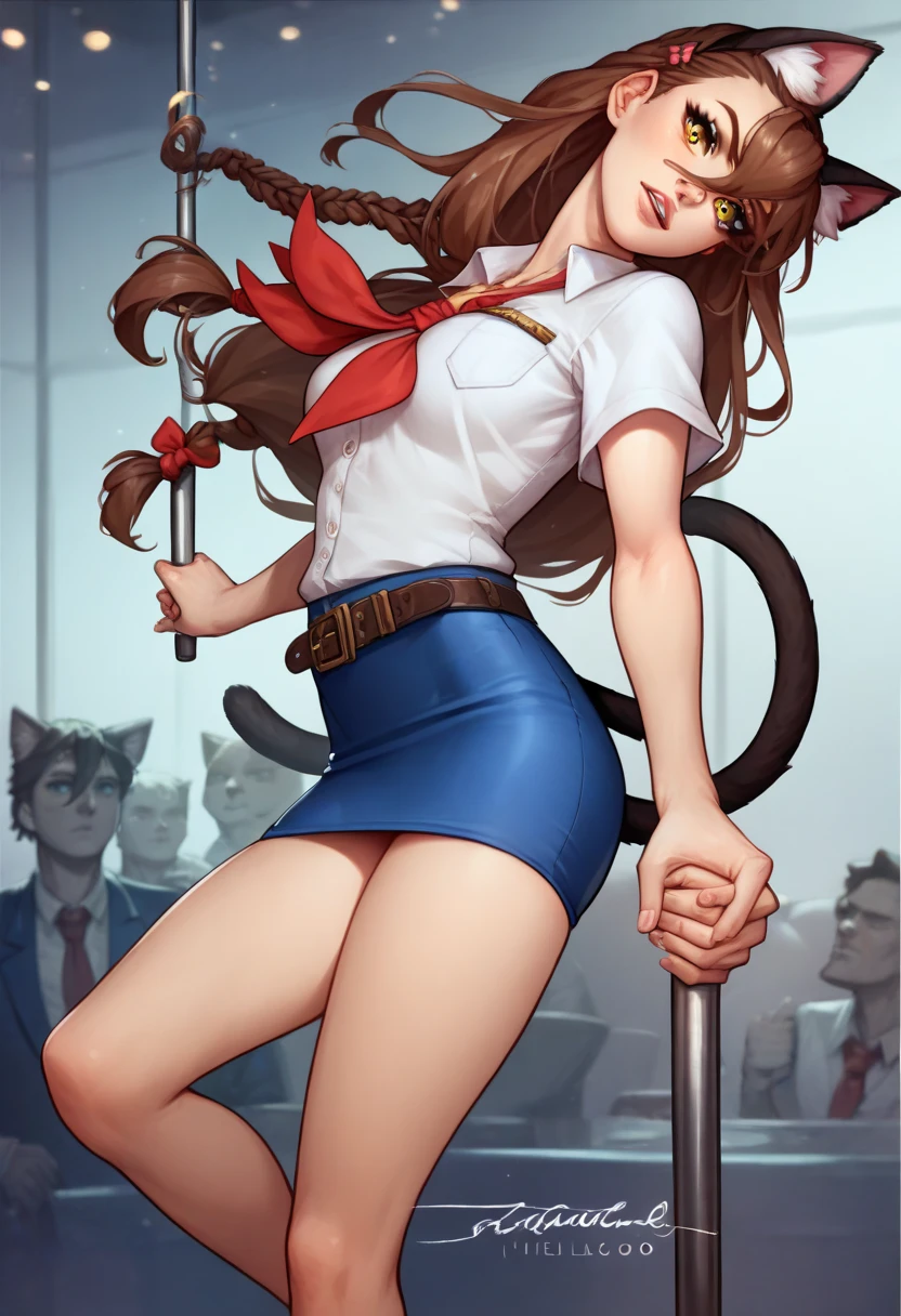 UVAO, score 9, UVAO, cat ears, cat tail, hair between eyes, bow, single braid, long hair, yellow eyes, brown hair,   , Neat legs, pioneer neckerchief, bang, shirt, clavicle, very tight white shirt, Short sleeves, collared shirt, eyelashes, red neckerchief, chest pocket, slender girl, Long legs, tight micro skirt, blue skirt, belt,, hand holding metal pole, metal pole continuing up and down, continuing background,  strippers strip club 