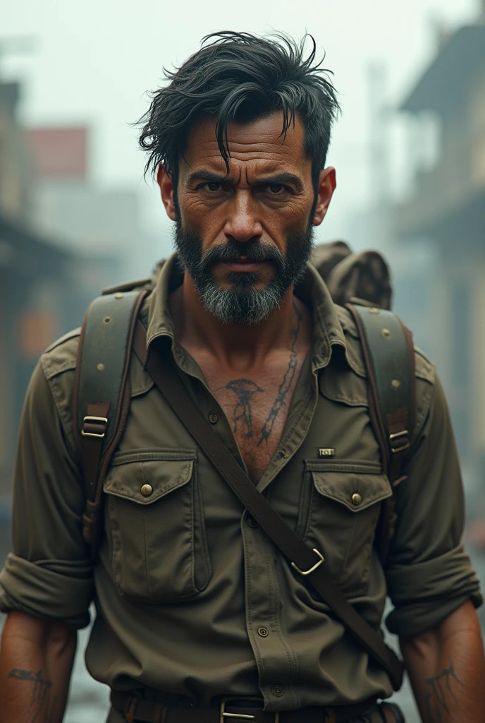 generate a character named Anthony Declan in a post apocalyptic scenario. He is tall, short curly hair, a light beard, worn-out shoulders and a body covered in scars.