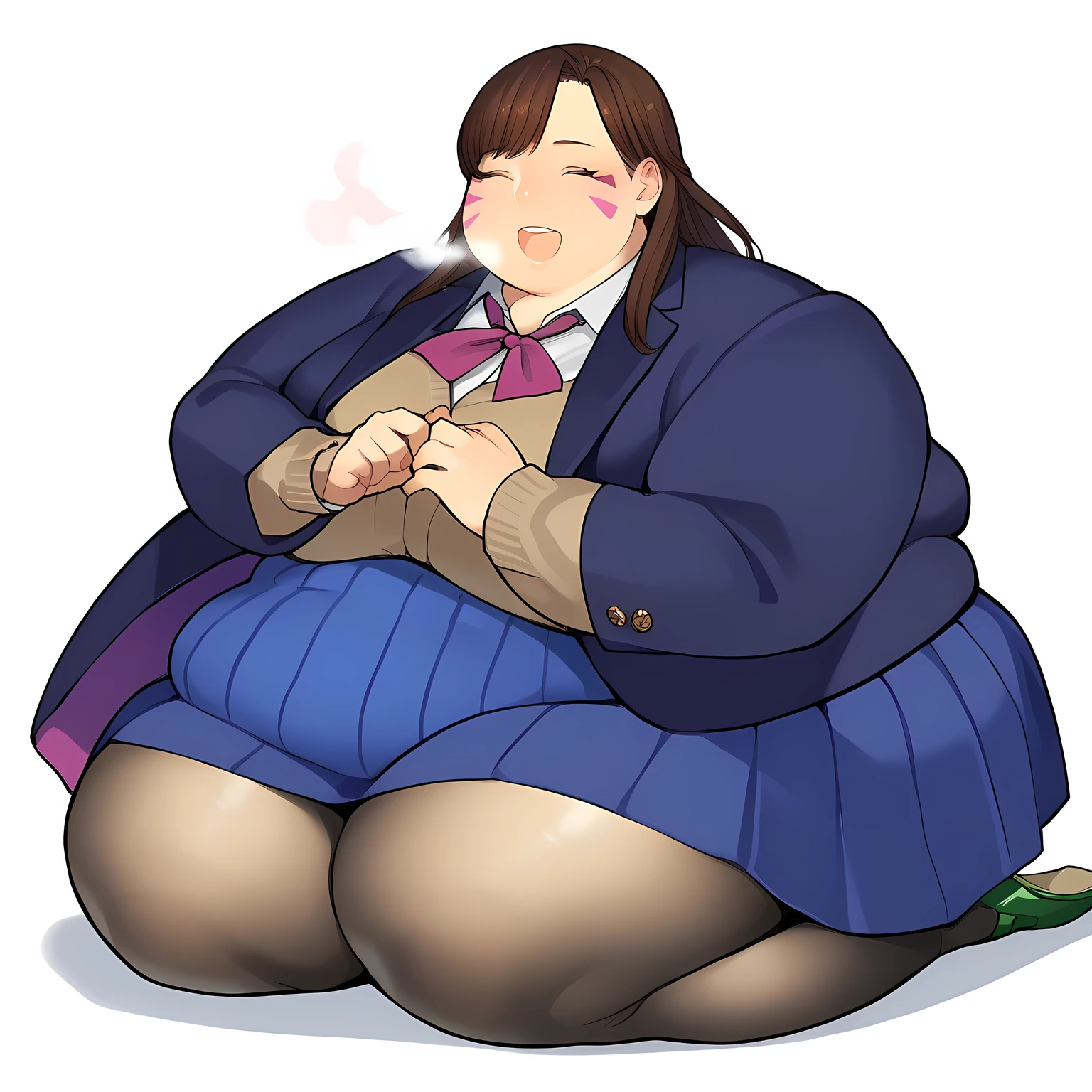 zPDXL, score_9, score_8_up, score_7_up, source_anime, 1girl, solo, (portrait),
 y0mu, D.Va, brown hair, long hair, (closed eyes:1.2), smile, twisted torso, blazer, tailored-skirt, oxford-shoes, sheer-black-pantyhose, fat, chubby, obese, gigantic arms and legs, large breasts open mouth, out of breath