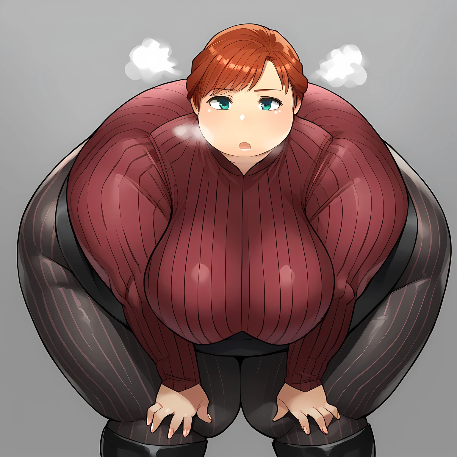 zPDXL, score_9, score_8_up, score_7_up, source_anime, 1girl, solo, (portrait),
 y0mu, Anna \(frozen\), red hair, expressionless, bent over, velvet-dress, over-the-knee-boots, pinstripe-pantyhose, fat, chubby, obese, gigantic arms and legs, large breasts open mouth, out of breath