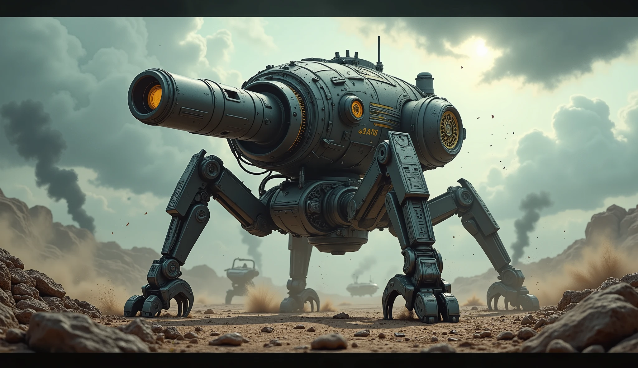 Wide view, futuristic, Sci-fi cinematic scene. Dramatic sky, chaos dusty battlefield background. Cybernectic Mortar on joined-leg platform. wandering through, Golden runes and cybernectic line decorate, Grimmdark, mechanical. (Ultra-realistic, 32k, Masterpiece, High Quality, Detailed Realistic Background, Official Art, Realistic Lighting, filmfotos, film grain, reversal film photography).