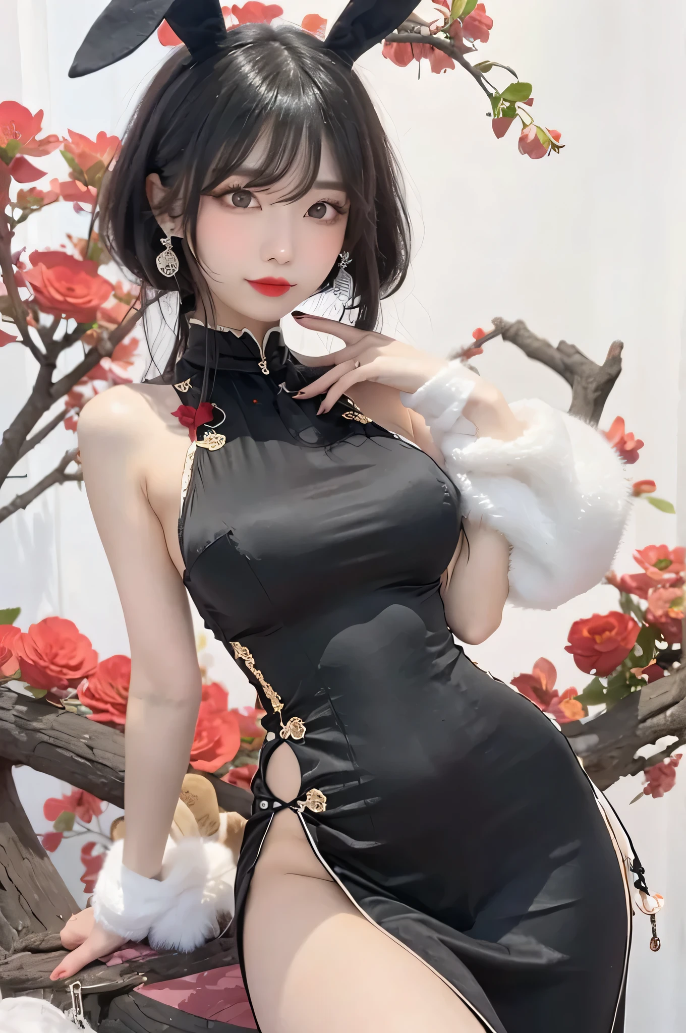 Masterpiece、cyberpunked、near future、MV Dancing Girl、middlebreast、Lace ornament、Transparent skin、Cute、A sexy、Floral ornament、qipao dress、cleavage of the breast、thighs thighs thighs thighs、Blonde hair with dazzling highlights、shiny light hair,、
