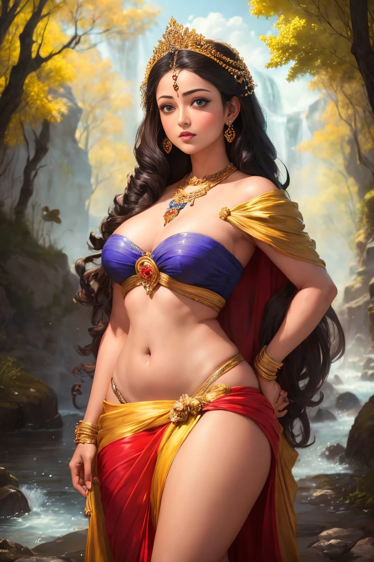 ((realistic:1.5)),((best quality)), ((masterpiece)),((detailed)), (1girl), {a beautiful female wearing a Sari}, (upper body:1.3),super-wide-angle lens,face focus, mature,sexy,toned muscles,long legs,curvy,barefoot,oversized firm breasts,open cleavage,drooping breasts,thick thighs,wide hips,thin legs,beautiful eyes,long black hair,floting hair,long eyelashes,(detailed face,beautiful eye,detailed pupilss,detailed clothes features,clear background:1.3),(Bindi,Jhumkas:1.3),(Armlet, Haar, Payal,Maang Tikka,Jhumkas,Kamarband,Bangles:1.3),mysterious ancient ruin, lush forests, deep canyons,bridge,river,cliff,cloud, lakes,rock,waterfalls, flowers, grass, fog,vine,tree, smoke,best shadow,bright details,sharp,perfect composistion, Intricate, Sharp focus, dramatic, by Frank Frazetta,by Julie Bell,by Olivia De Berardinis,by Luis Royo,by boris vallejo, (specular lighting:1.3),rim light,princesses,princesses playing with water,sinking ruins, royal skimpy underwear,random royal color,laying on the floor, sister laying next to princess, sister touching princess,thirsty face,erotic face,lips open,almost undressed,underwear slid down,female bodyguard in armour,lips gasping,breathing hard