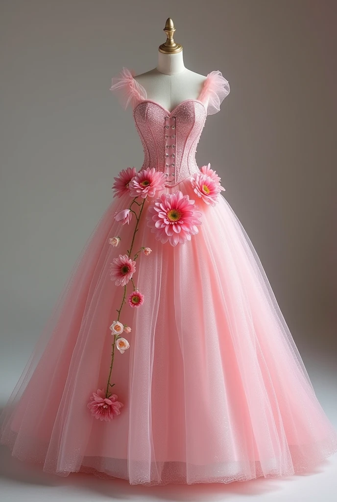a close up of a dress on a mannequin with flowers, pink dress, romantic dress, dressed in a pink dress, wearing pink floral gown, wearing a pink dress, brilliant pink ball gown, satin, in long pink or violet dresses, pink rosa, light pink tonalities, wearing an elegant dress, elegant dress, wearing a pink ballroom gown, pink