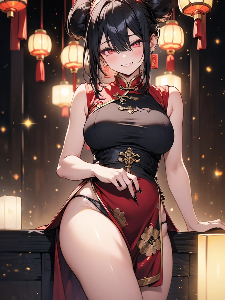 1girl, tingyun, honkai star rail, green eyes, bare shoulders, jewerly, ponytail, medium hair, brown hair, dress, large breasts, detached sleeves, standing, smile, tail, white+red Chinese dress, ears down, pantyhose, stockings,