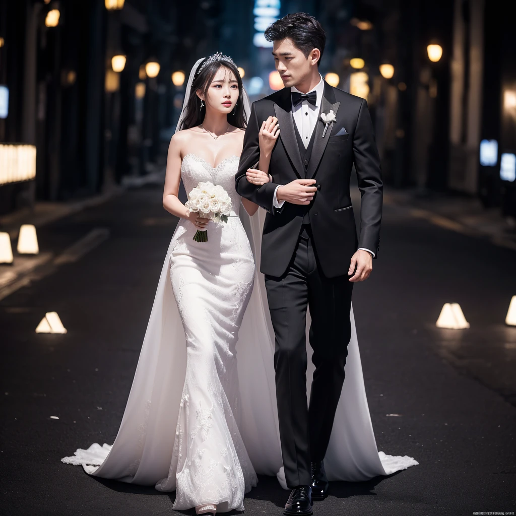 A young couple, dressed in formal attire, stepping out of a luxury car in front of a mansion. The woman is dazzling in an evening gown, and the man in a tuxedo. The background should be a well-kept garden and the mansion entrance. The image should convey luxury, success, and love. Use vibrant colors and elegant details