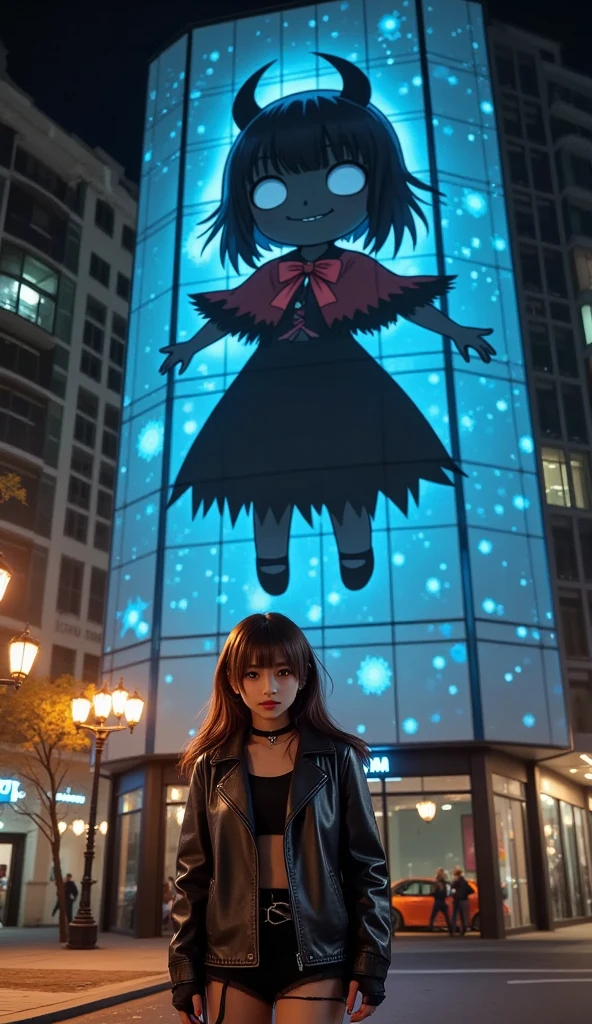 She is standing in front of a Black-Chibi-Devil-Girl anime projected on a blue laser projector using the entire large glass-fronted building as a screen, ultra-realistic, photorealistic, dramatic scene, shadow, global-illumination, solo, (Japanese adult girl is looking at viewers:1.5), bad girl, very beautiful with very cute but boyish cool face, she is wearing punk rock outfits with leather jacket, the Black-Chibi-Devil-Girl anime that projected on huge glass screen is 1girl\(dark black devil,cute,big eyes,large circle eyes,black skin,evil smile,long nail,orange eyes, vivid orange eyes, dark black skin, looking down,wearing a cute floral patterned red with black gothic capelet\(big,long,Tattered\), backlit,full body\) and is flying in the sky with amazing view of milky way, professional lighting, at night,