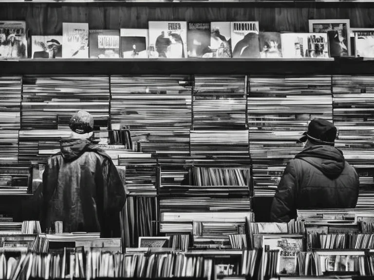  there is a  girl wearing a cap in a room with lots of records、男はrecord棚からrecordをDIG。Music records , Discogs, Crude records , record, DIG,  Long Shots, ,  there are books all over the tree house , Excellent, Backroom, Back room,  wide shot, lo-fi, lo-fi,  record shop with windows 、Houseplants、Black and White Photography、 back view of man digging records 