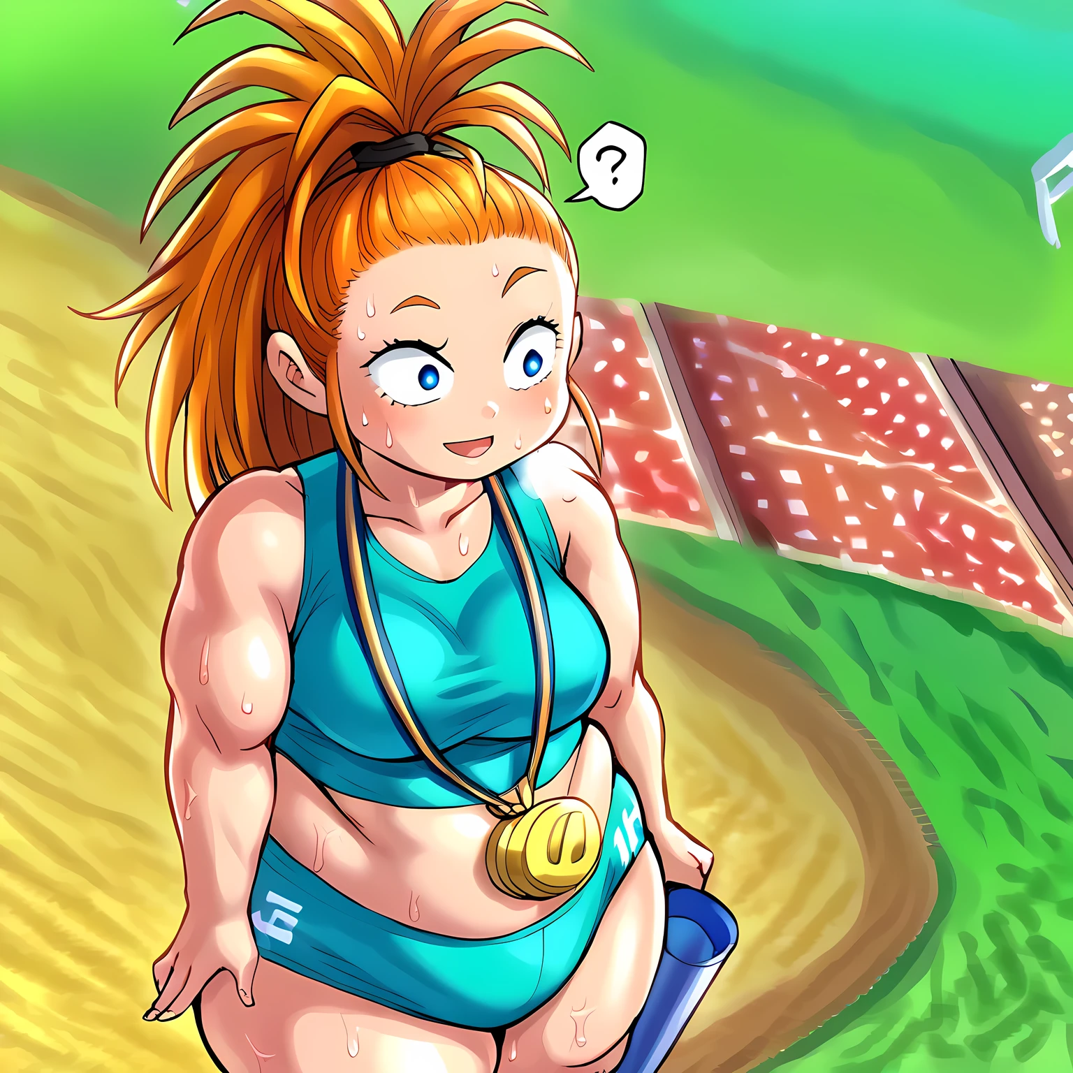 score_9, score_8_up, score_7_up, source_anime, (track and field, Stadium:1.2), (rim lit), (Detailed face:1.1), 1girll, Solo, Smile, Captain Mizuki, one-punch man, A high resolution, Muscular female, Breasts, Orange hair, Sports bra, High ponytail, Long hair, medal, Sweat, steams, steamed body, murata yuusuke, Big ass, Big breasts, big thighs, Super tight sportyswollen face, fat, chubby, obese, open mouth, out of breath, absurdres, highres icon, rating:General, confused, blush, spoken question mark, {flustered}, nervous sweating, portrait, pov hands, hand on another's cheek, averting eyes, [looking away], straight-on, from above,  upper body, masterpiece, best quality, ultra-detailed, high resolution, 8K, absurdres, highres icon,, huge eye pupil,