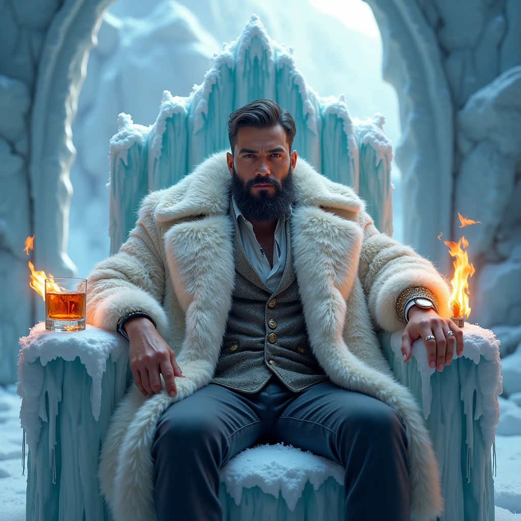 full body, handsome very muscular young bodybuilded white King of Antartica, very short light-brown hair, ice-blue eyes, square jaw, wearing diamond crown, white fur coat,white leather pants, dozens of diamond rings, necklaces, bracelets, earings, white sheer glittering socks, No Shoes, arrogantly sprawled on throne in his socks, looking boring, large view on throne room looking like a luxuriously decorated ice cave, behind view of Antarctic under sun, a few penguins can be seen