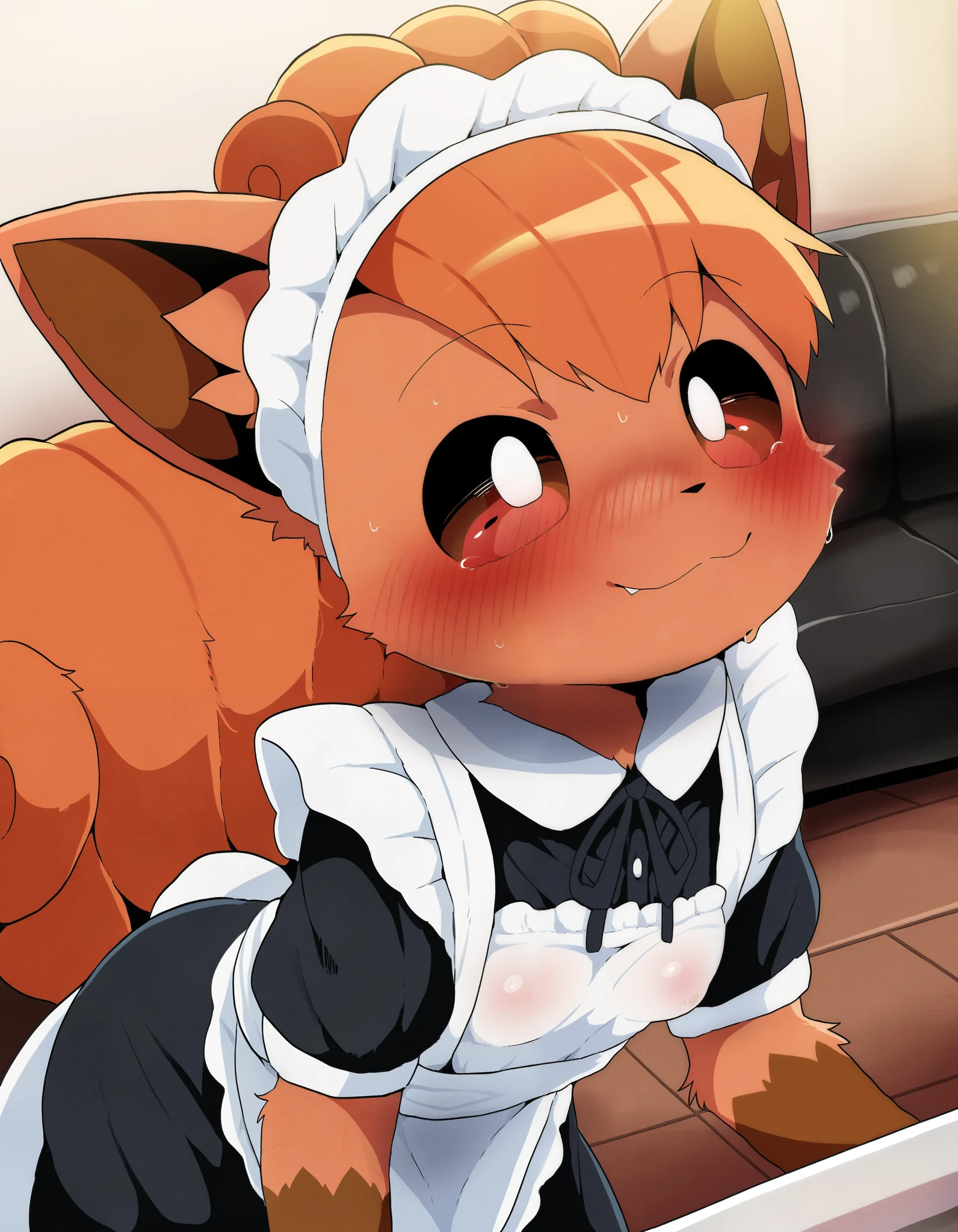 score_9, score_8_up, score_7_up, score_6_up, rating_questionable, dagasi, body fur, anthro, (furry, anthro:1.2) (detailed fluffy fur), solo, furry female, pokemon (creature),,vulpix , cute, ,pokemon, (small breasts), ,cute, cute eyes, cute head), (beautifully detailed face, oily shiny skin), (detailed eyes, sharp eyes, clear pupils:0.8), masterpiece, happy, hands empty, smile,mouth, background living room,house,dressed, wear maid outfit, 