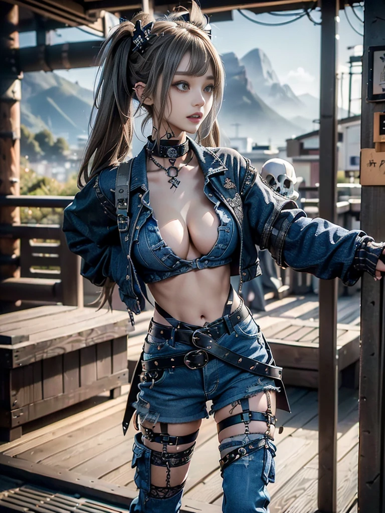(Beautiful lips and nose:1.4)、(Long eyelashes:1.4)、(Smiling with teeth showing:1.3),(Shibuya Gal:1.5)、(Gothic ta delicately decorated dress:1.5)、(Tattered denim and black punk rock cargo pants:1.5)、(Denim and black navy skull mark small jacket:1.4)、(denim garter belt:1.5)、(Black and denim knee socks:1.3)、(Skull Silver Accessories:1.5)、(Denim collar:1.3)、(Brown Skin Belt:1.4)、(Brown boots:1.2)、(The underwear is striped:1.4)、31 years old、((Highest quality、In 8K、masterpiece:1.3))、Sharp focus:1.2、(Layered Cut、Huge boobs:1.1),Beautiful woman with perfect figure:1.4、(Dancing vigorously:1.3)、Slender Abs:1.2、Highly detailed face and skin texture、Detailed eyes、double eyelid,(Twin tails:1.3)、(Cream colored hair:1.3)、Gravure idol、(The background is a vast mountain with a clear view々Beautiful luxury resort destination in Europe:1.3)、(Slim Body:1.2),(Make your legs thinner:1.4),(clavicle:1.1)