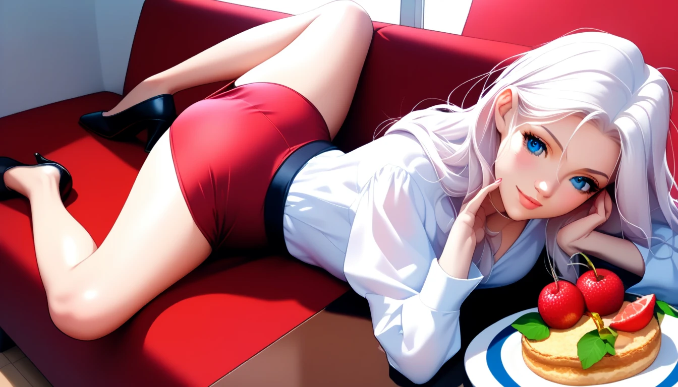 Adult female, 37 years old, long white hair, pale skin and slight blush on cheeks, blue eyes, beautiful anime appearance sharp facial features, wearing a white blouse, long black satin skirt. Looking down at the girl from above. Finger at her mouth. The scene is an expensive flat kitchen. A table with a white tablecloth. Sitting on the table. One leg hanging down. Red panties are visible under her dress. Legs spread apart. A haughty expression, an imperious smile, provocation. --cref https://media.discordapp.net/attachments/1311619250821140543/1311620849920380959/---.png?ex=674a2e5b&is=6748dcdb&hm=ce2558e436c976c82c79b35b92f0eee63e613f5687841b8659064b426501d4d1&format=webp&quality=lossless&width=350&height=350&