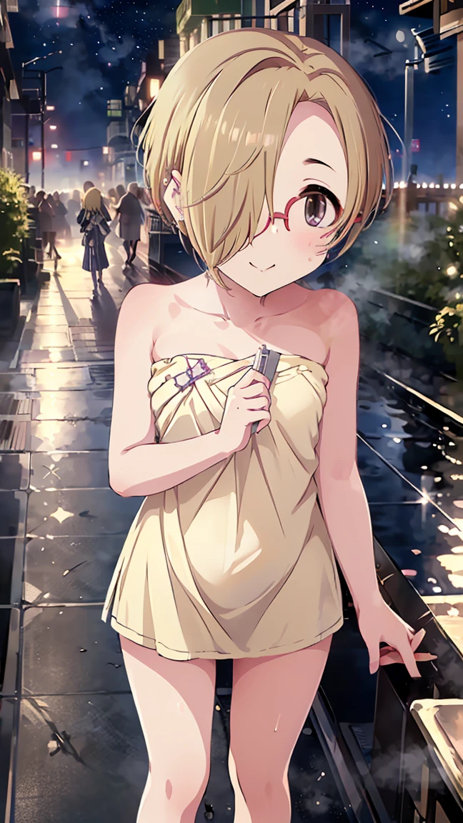 masterpiece,  best quality,  high definition ,  Very detailed,(((Shirasaka Koume))), ((( 1 girl))), (((solo))), (((Blonde))), (((Brown Hair))), ((( short hair))), ((( hair covering one eye ))), (((Around town))), (((rainbow))), ((( standing))), (((night))), ((( starry sky ))), (((pedestrian crossing))), (((Red glasses))), (((Naked towel))), ((( Blushing ))), (((smile)))