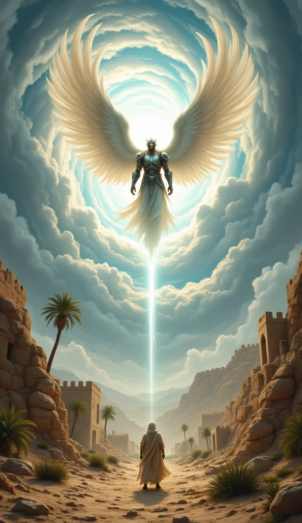 Angel Israfil, having delivered his message, begins to ascend back into the sky. His massive, divine wings unfold as he lifts off from the ground, his powerful muscular body clad in shining battle armor. The swirling vortex of clouds that once parted for his descent begins to close, as Israfil rises higher into the sky, disappearing into the ethereal light. His sharp, fearsome face, partially covered by his helmet, remains visible for a moment as he looks down one last time before disappearing into the heavens. The landscape below remains still, the dry, barren desert of the 6th-century Arabian Peninsula with sparse palm trees and rocky hills. Prophet Muhammad and Jibril watch Israfil’s departure in silence, the divine presence of the angel slowly fading as the sky returns to its calm, natural state. The humble courtyard and simple home of Rasulullah are still, reflecting the peace after the intense moment.