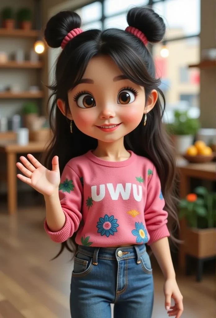 3D animation pixar of amira with vibrant color palette, amira wearing floral print shirt and blue apron and jeans with pink sandal, standing up in market street with , adorable with long messy wavy hair, spatula on her left hand, she is waving with right hand, standing behind kitchen isle, in homey cosy the kitchen, vibrant and contrast colours, amira holding hand with cute girl and adorable with her hair in two buns on top and bangs, a beautiful and cute girl, blushing cheeks, wearing a pink sweater with "uwu" printed on the front ((uwu printed in white)), blue trousers, pink flip-flops, holding hands, pixar, 3d animations