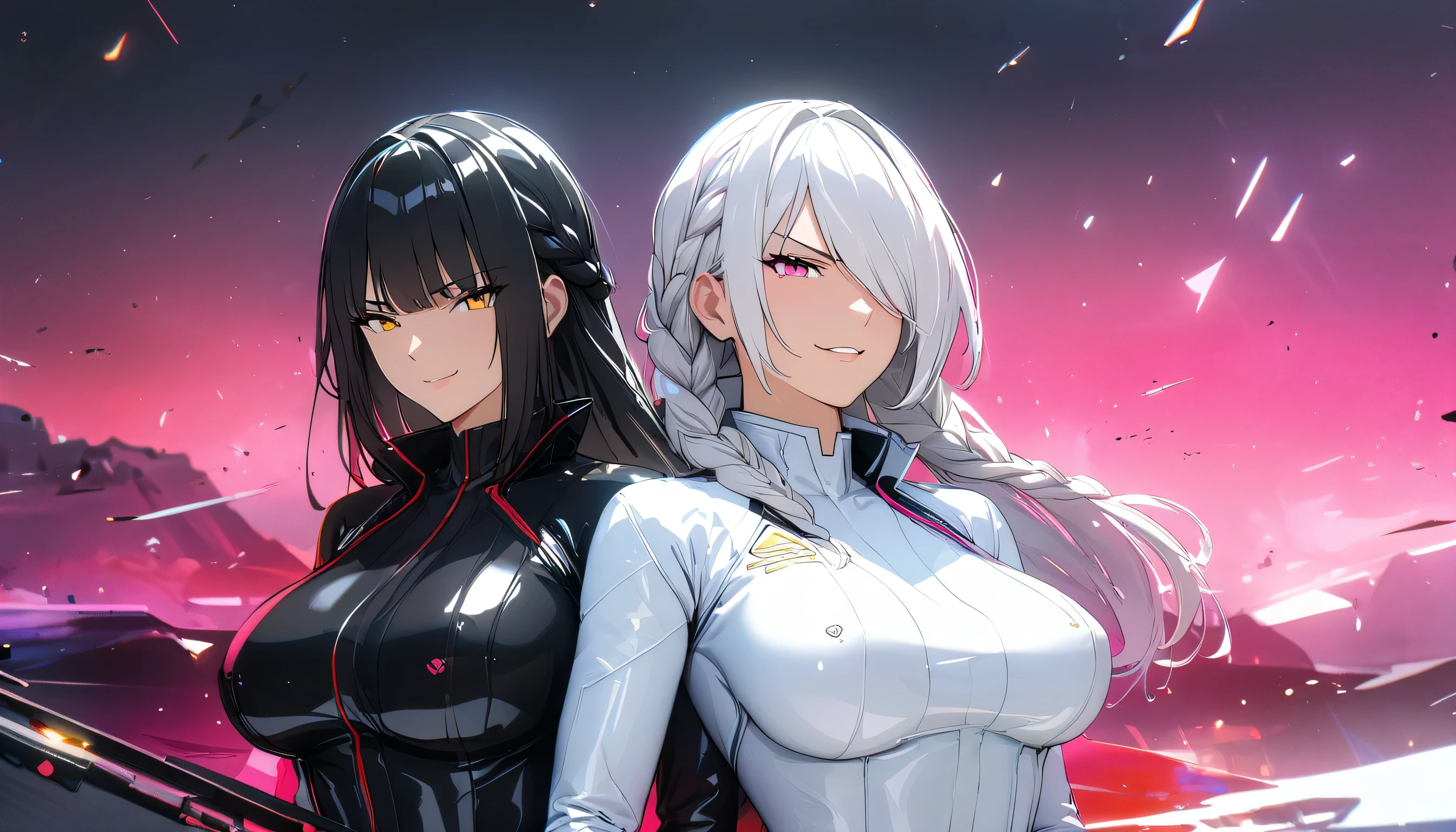 (masterpiece, UHD, 8K, 16K, ultra detailed, best quality:1.2), illustration, yuri, 2girls, (duo focus), Ily(girl on left, white long braided hair, hair over one eye, pink eyes, smirk, wearing black skimpy bodysuit, sniper rifle), rize(girl on right, short white hair with red gradient, Golden eyes. rainy bangs, wearing white bodysuit, serious expression), high resolution, depth field, warzone, luscious figure, side by side