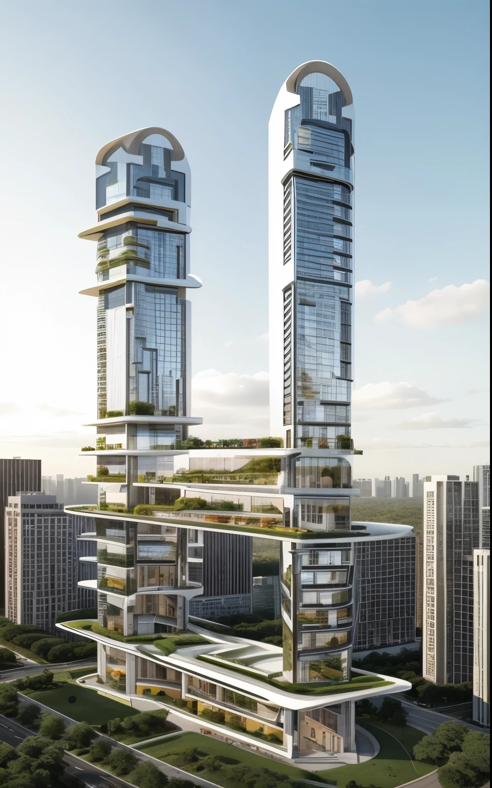 Realistic skyscraper , in a city, half ring shaped structures on top, square balconies on façade, roads, cars, 