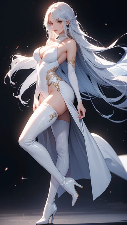Beauty tights。Beautiful Face。big eyes,Long eyelashes。High nose bridge。Beautiful clavicle。White and tender skin,Pointed chest。Thin waist and hips。Long legs and beautiful feet。Thighs exposed。Exposed shoulders。High resolution,Professional Lighting。High Detail。.
