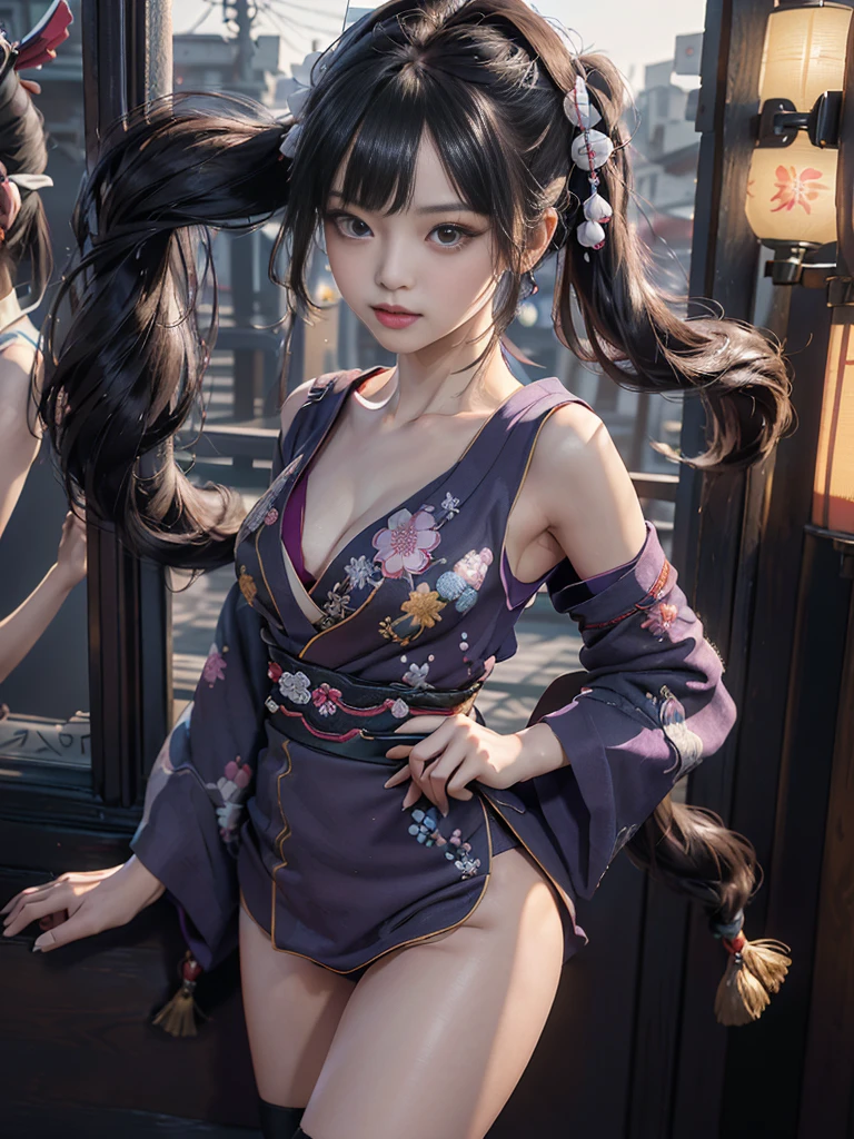 (Full Body View:1.5)、(Full body:1.3)、(Beautiful lips and cheeks:1.4)、(Landmine Girl:1.4)、(Smiling with teeth showing:1.3),(Shibuya Gal:1.5)、(Gothic ta vibe:1.5)、(White, red, magenta, and blue miniskirt courtesan kimono showing cleavage:1.5)、(New Year:1.4)、(Luxury hair ornaments/hairpin:1.5)、(Short kimono:1.3)、(Make-up like a maiko:1.5)、(Bewitching Woman:1.3)、(Dense kimono:1.4)、(Wearing flashy knee socks:1.2)、(The underwear has an embroidered pattern:1.4)、40 years old、(Dance vigorously:1.3)、((highest quality、8K、masterpiece:1.3))、1 Girl、Slim and beautiful abs:1.3、(hairstyle casual、Beautiful boobs:1.1)、dress:1.1、Super small face、Narrow eyes、double eyelid、A sloppy smile、Esbian all over、Dynamic Angle、Close-up、CPL Filter、Blurred Background、Bokeh、Blue Hour、Detailed face and skin texture、Detailed eyes、double eyelid,(Twin tails:1.3)、(Black-brown hair:1.3)、Gravure idol、(The background is a gorgeous Meiji-era town:1.3)、(Thin body:1.2),(Thin thighs:1.5),(clavicle:1.1)