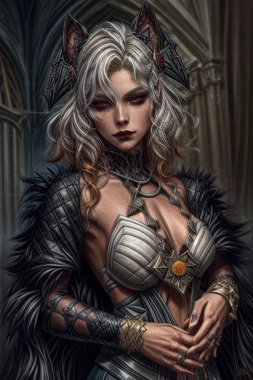 1 girl, drow, pointed ears, (silver hair) long hair, dynamic lighting, nude, nipple, middle boobs, back moon, back light, ((black skin)), dynamic angle, ((tattooed face, tattooed neck, tattooed breasts)), pointed ears, black gilded robe, magic circle, full face