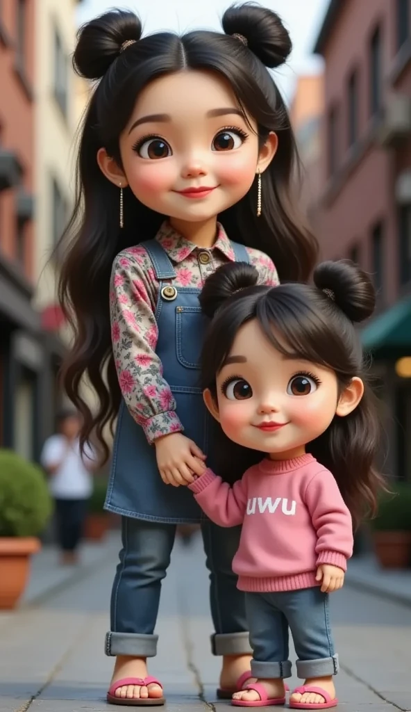 3D animation pixar of amira with ((long loose wavy hair)), amira wearing floral print shirt and blue apron and jeans with pink sandal, standing up in market street with , adorable with long messy wavy hair,  vibrant and contrast colours, amira holding hand with cute girl and adorable with her hair in two buns on top and bangs, a beautiful and cute girl, blushing cheeks, wearing a pink sweater with "uwu" printed on the front ((uwu printed in white)), blue trousers, pink flip-flops, holding hands, pixar, 3d animations