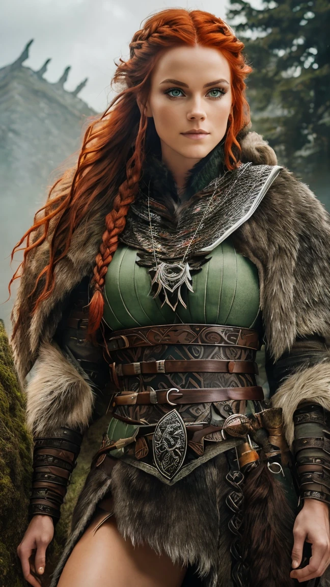 A beautiful and sexy Nordic raider woman dressed in wolf skin armor, heavy wolf eyeliner, heavy eyeshadow, beautiful refined face detail, bright green eyes, crooked smile, mischievous glint in her eye, perfect legs, brazen energy, adventurous spirit, Luscious braided red hair, back from a victorious raid, atmospheric fog, ambient light, rim light, an overgrown mountain forest, a great longhouse,