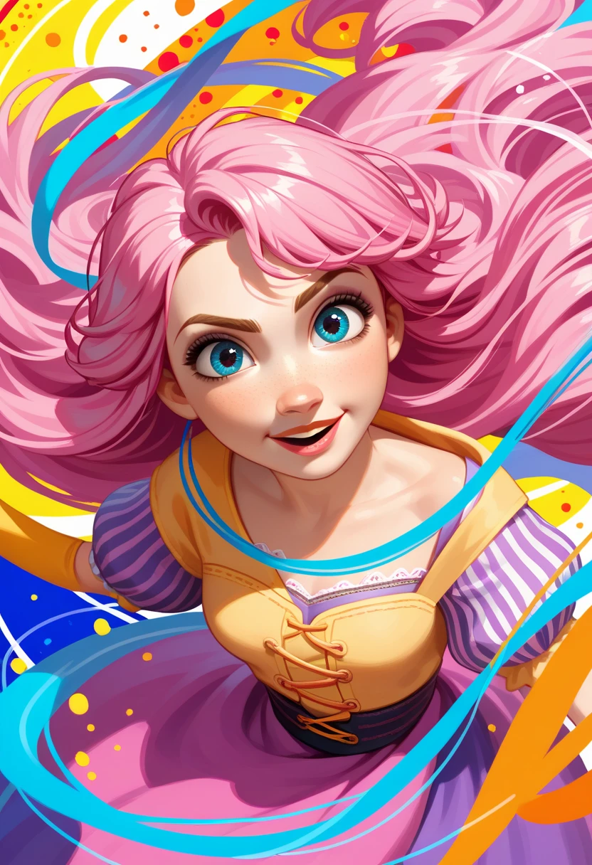 ((  masterpiece :1.2,  best quality)),  ultra detailed,  Ultra-accurate representation, Ultra-detailed representation, (tangled:1.2), ( dynamic pose ), (abstract background:1.5), long wavy hair, pink hair, 1 , colorful, portrait, (From above:1.2)