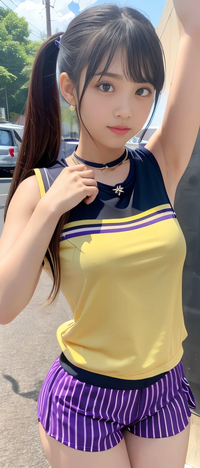  Cool Idol Girl 、、Thick legs、、striped tight shorts uniform（gold and shiny purple）Sleeveless shirt　Good style、A pure girl&#39;s face、Cool Belt