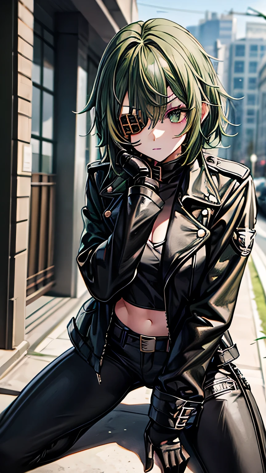   one girl，  green hair，  shortcut that doesn't shed bangs，  shortcut that doesn't shed bangs， eye patch(Right eye only)， Green Eyes(left eye only)，  black leather jacket， Black Leather Pants ，black finger cutting gloves  ，  black boots，Around town，  is amazing before the competition ，  best quality，  Masterpiece 