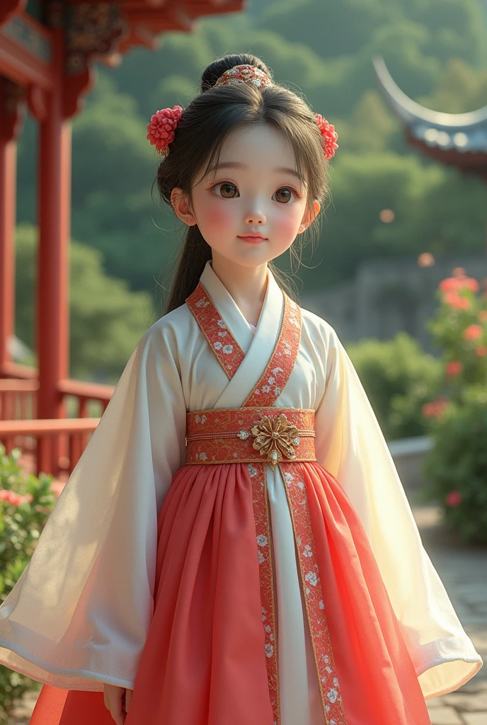 On a large grassland,Hanfu,Long hair,A 3-year-old girl with a round face wearing a pink Hanfu,Round Face,cute,Standing